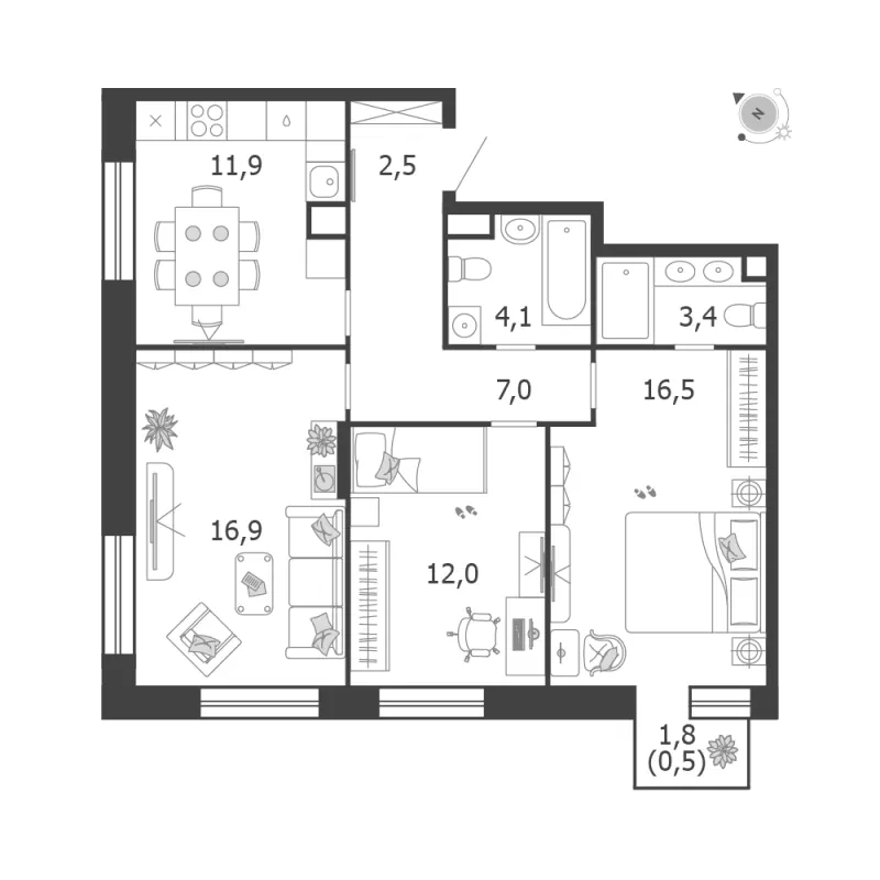 3-комн. 74.8 м²