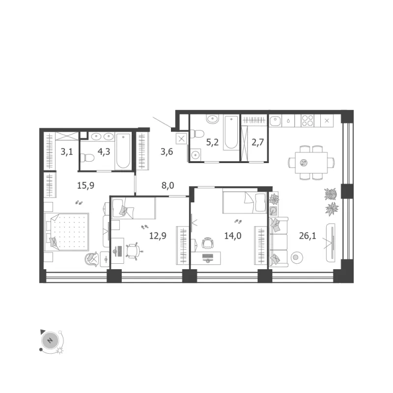 3-комн. 95.8 м²