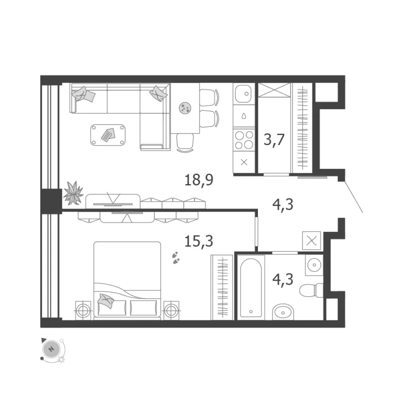 1-комн. 46.5 м²