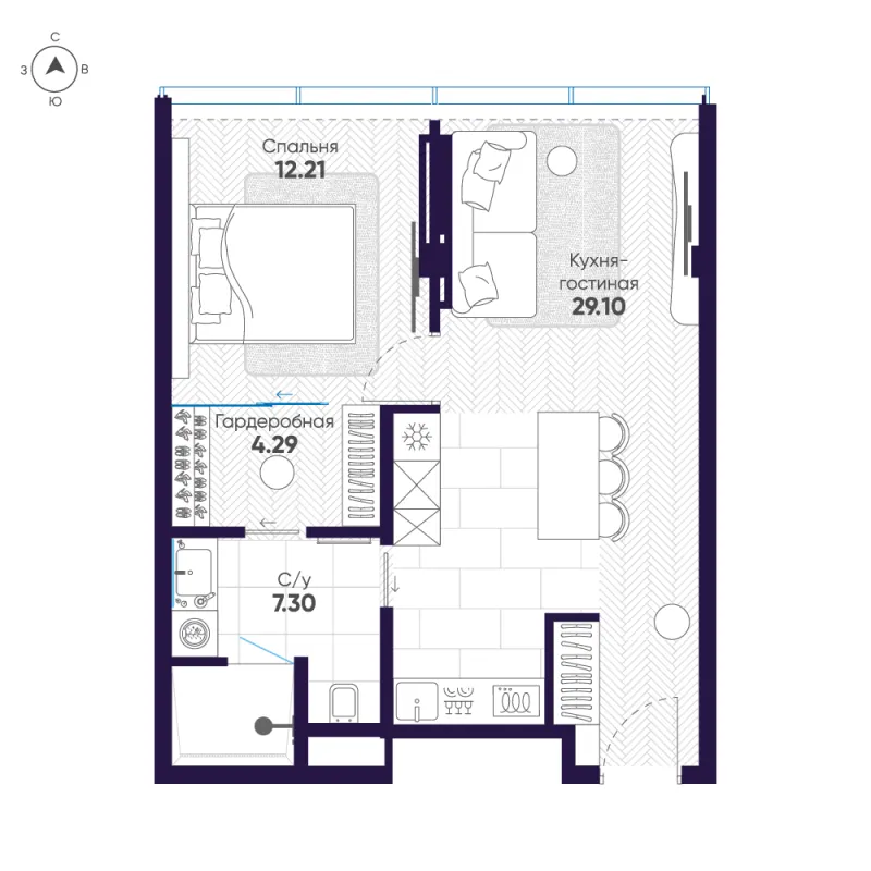 1-комн. 52.9 м²
