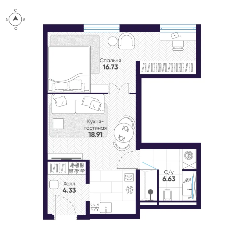 1-комн. 46.6 м²