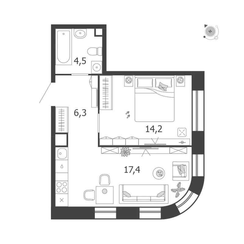 1-комн. 42.4 м²