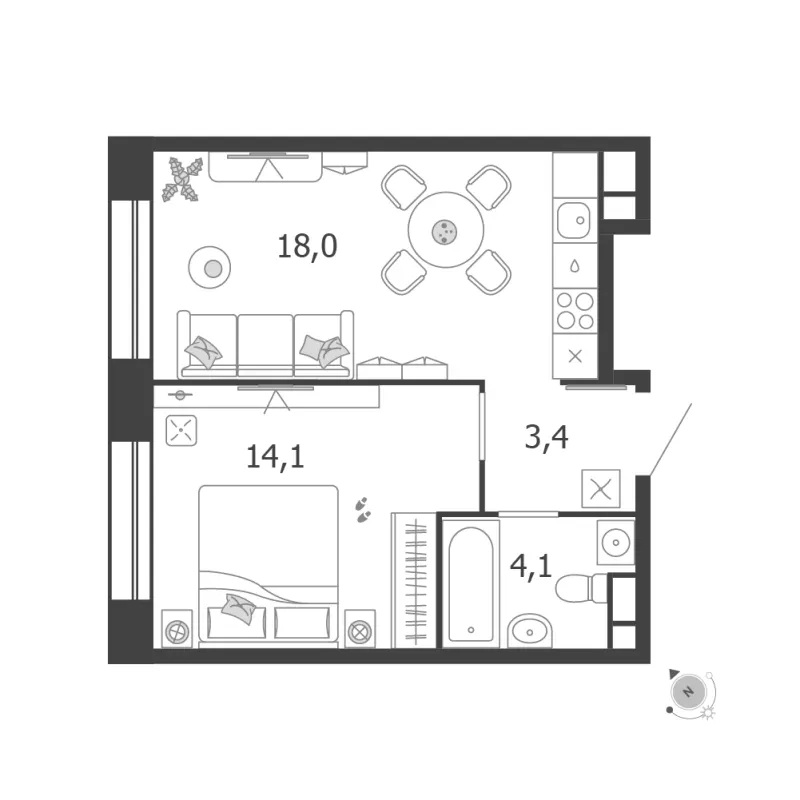 1-комн. 39.6 м²