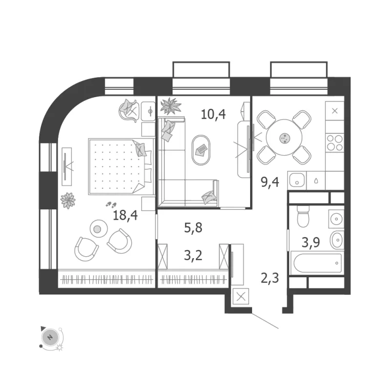 2-комн. 53.4 м²