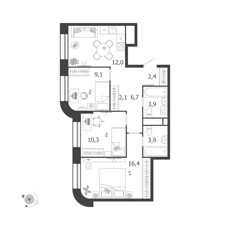 3-комн. 66.8 м²