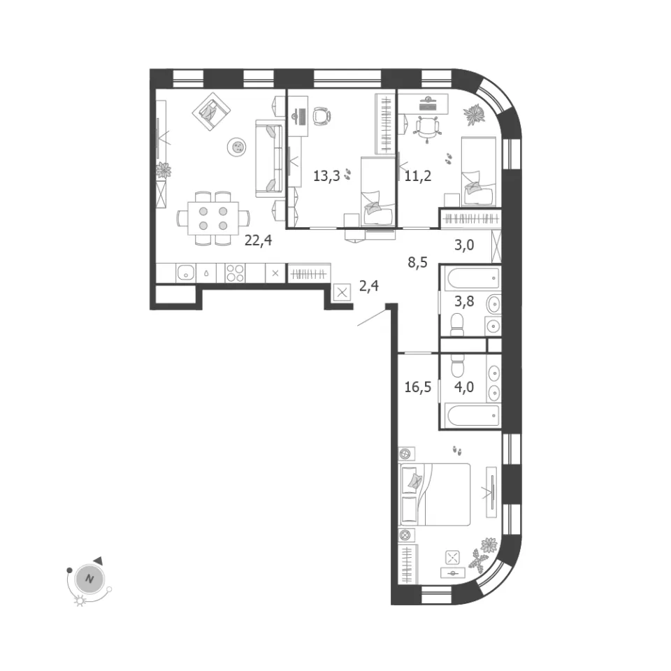 3-комн. 85,1 м²