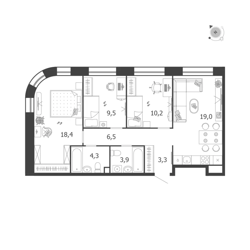 3-комн. 75,1 м²