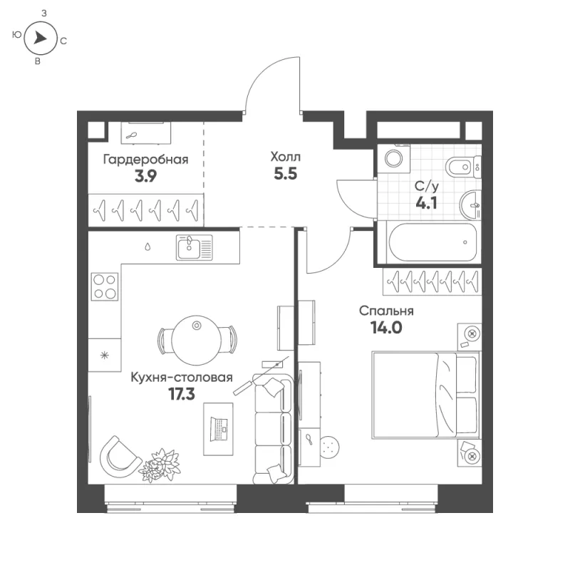 1-комн. 44.8 м²