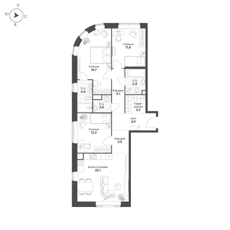 3-комн. 93 м²