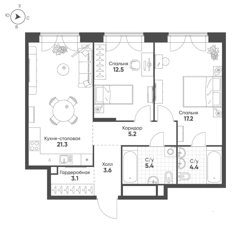 2-комн. 72.7 м²
