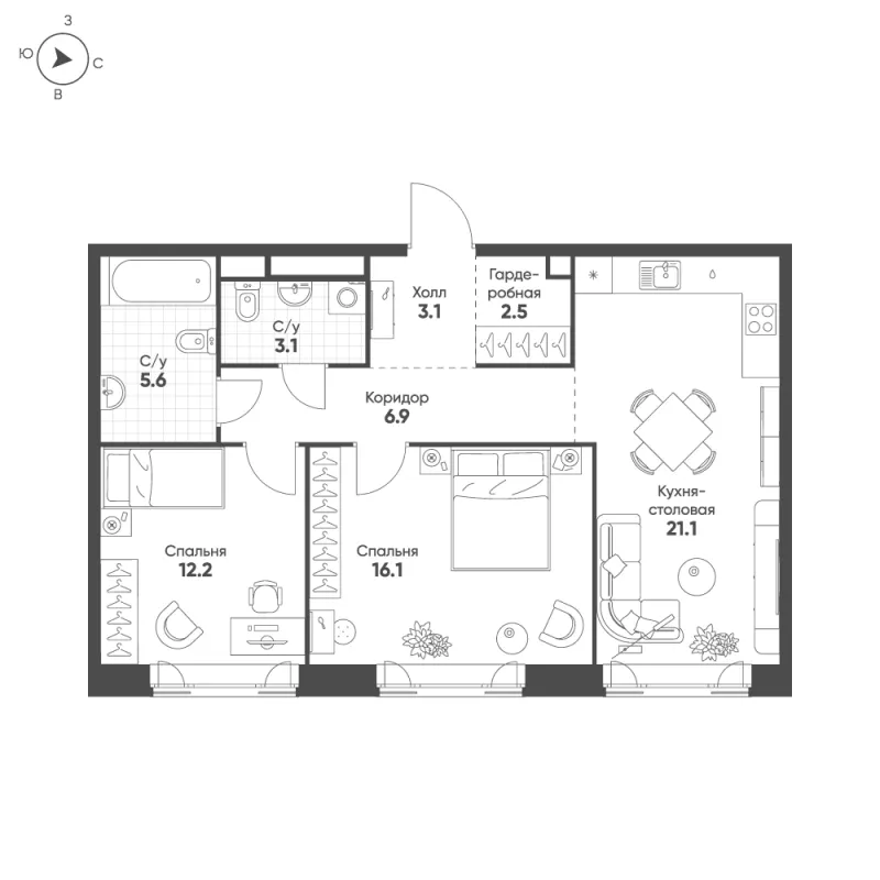 2-комн. 70.6 м²