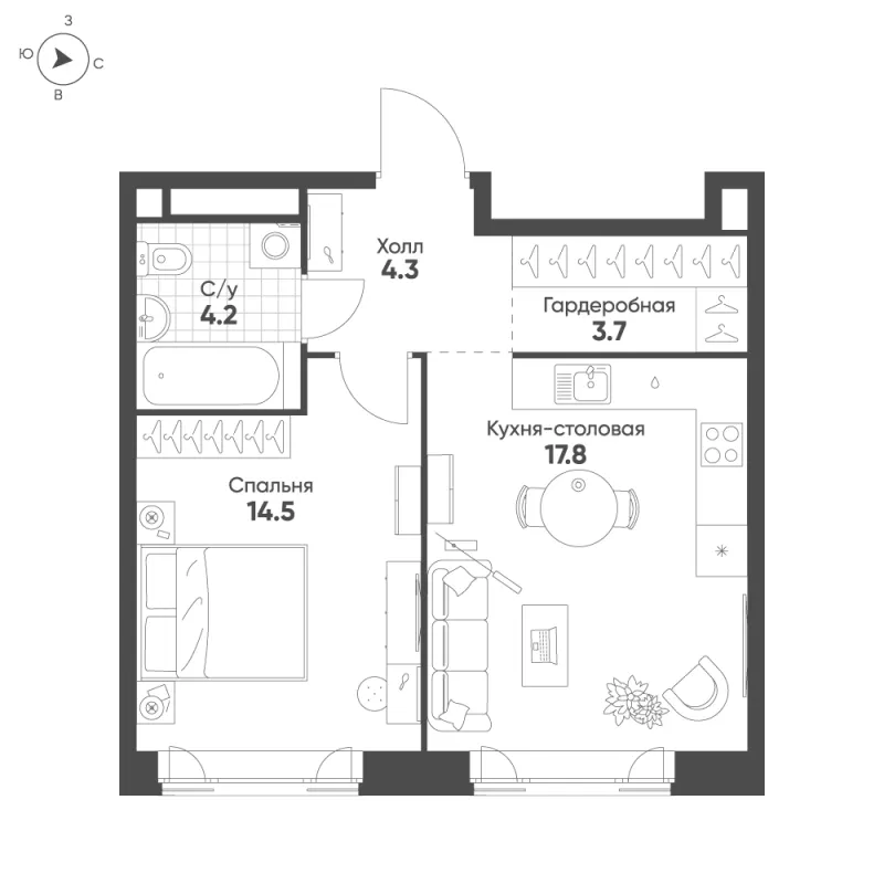 1-комн. 44.5 м²