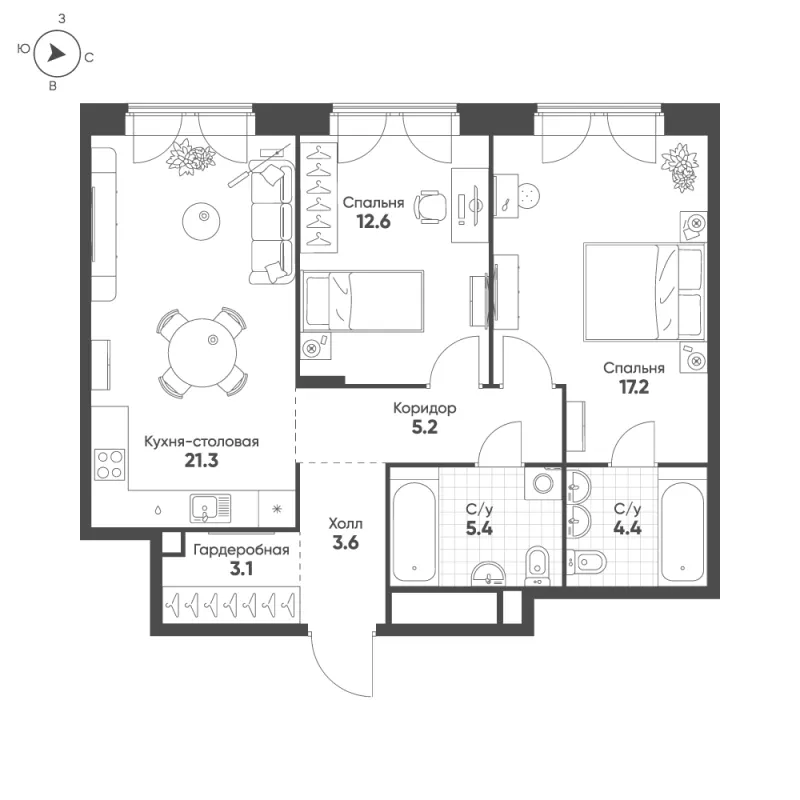 2-комн. 72.8 м²