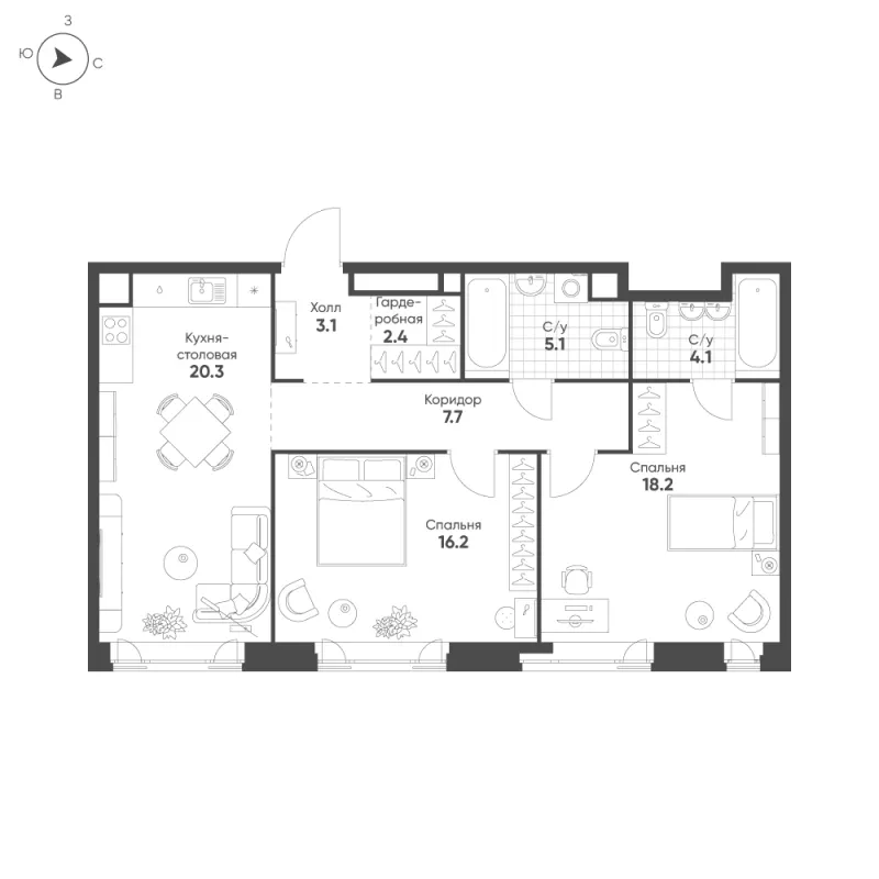 2-комн. 77.1 м²
