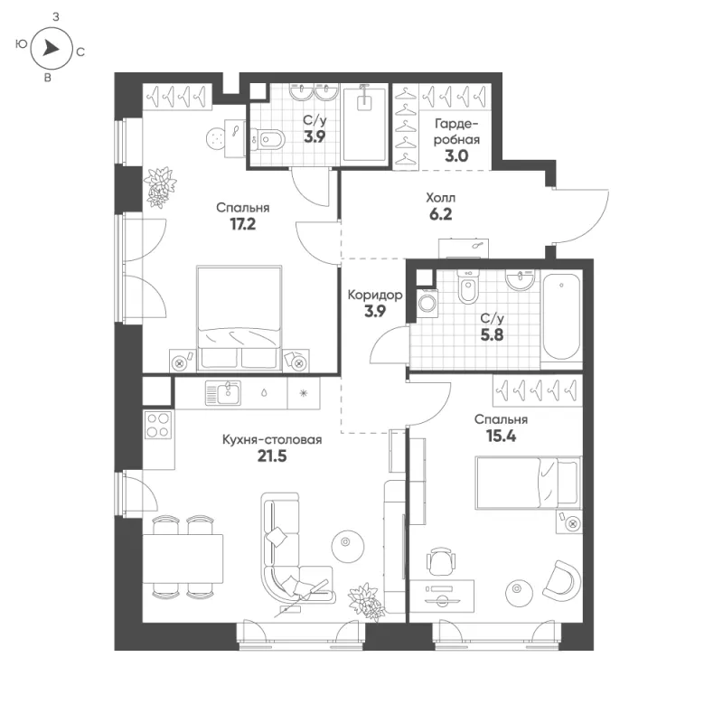 2-комн. 76.9 м²
