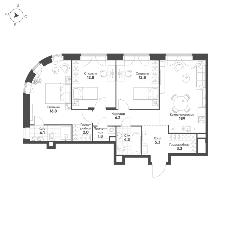 3-комн. 89.3 м²