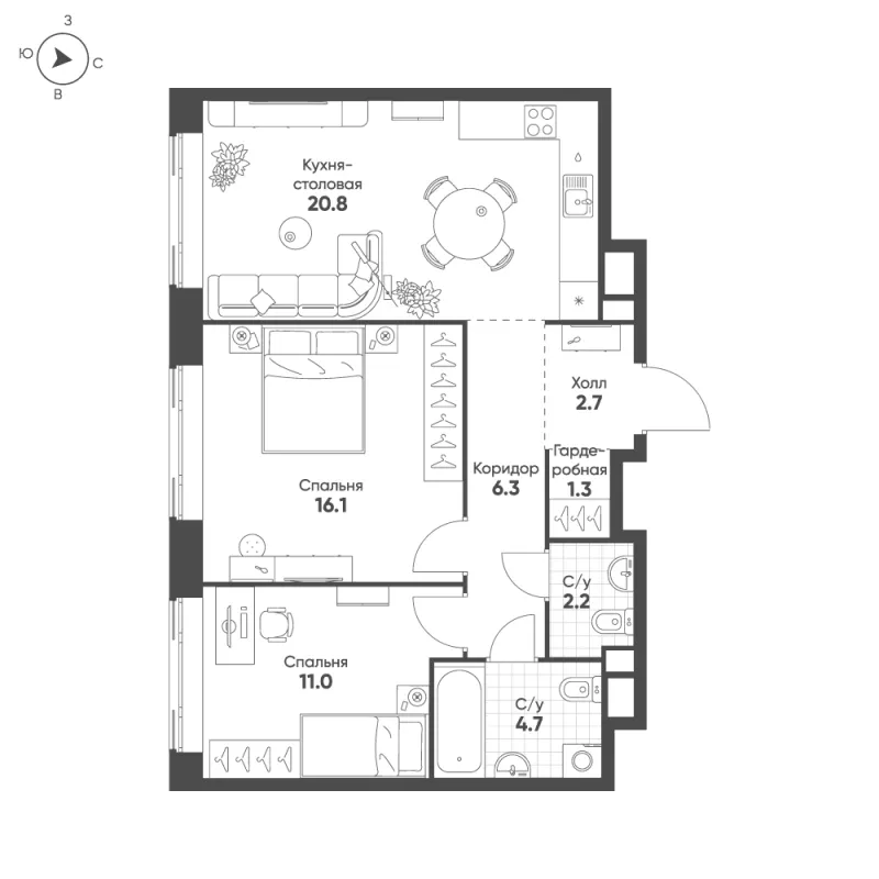 2-комн. 65.1 м²