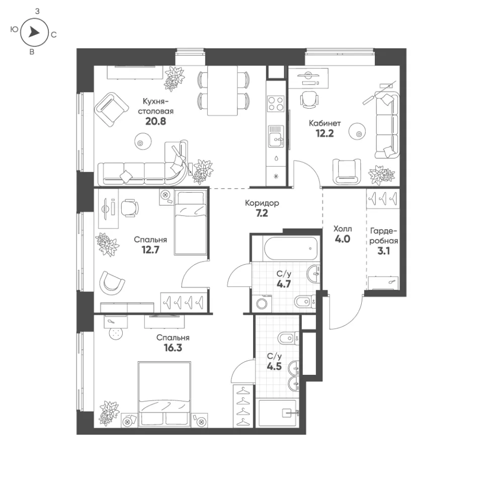 3-комн. 85,5 м²