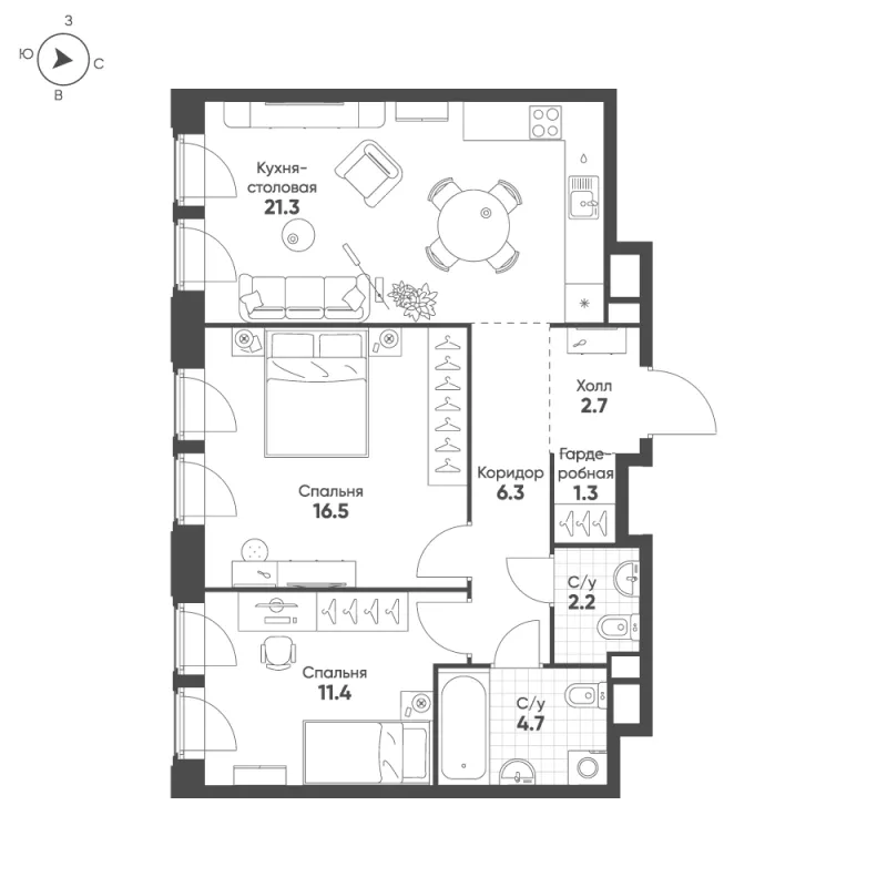 2-комн. 66.4 м²
