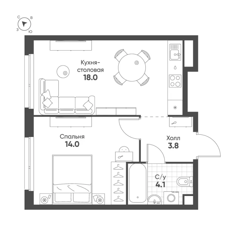 1-комн. 39.9 м²