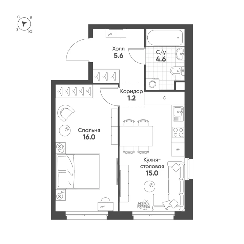 1-комн. 42.4 м²