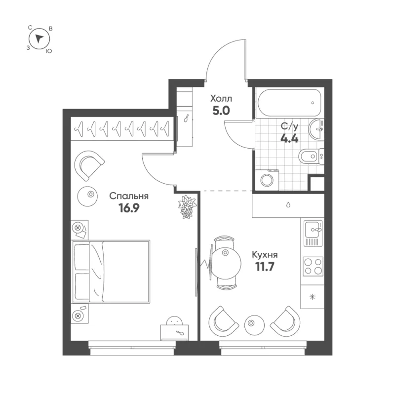 1-комн. 38 м²