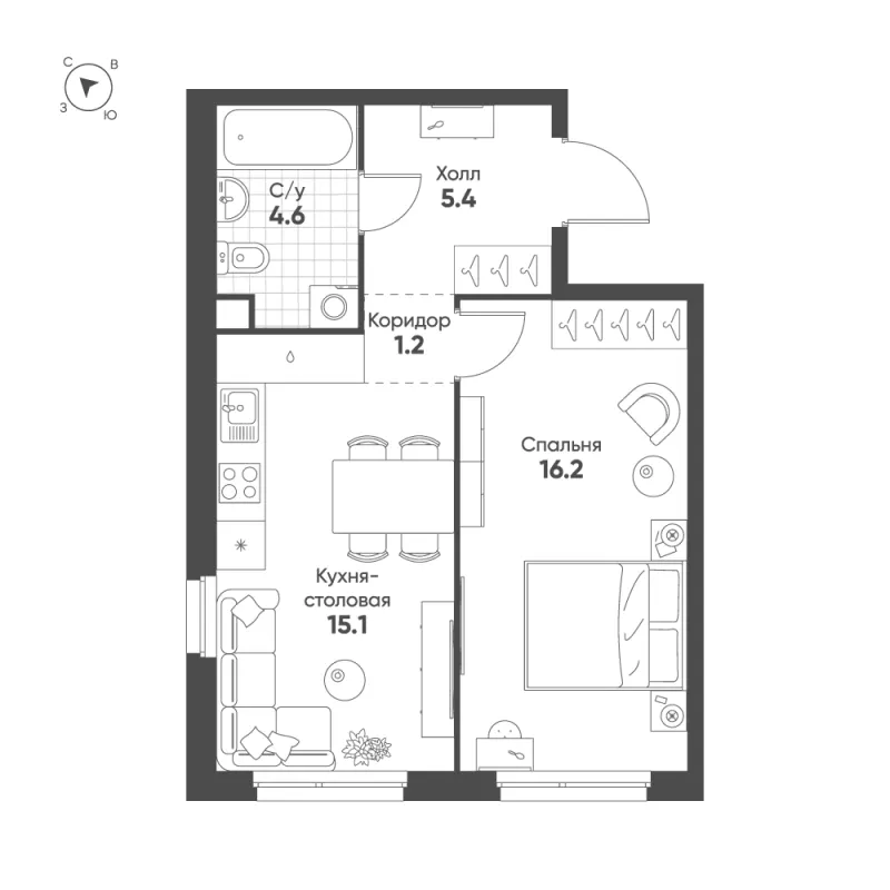 1-комн. 42.5 м²