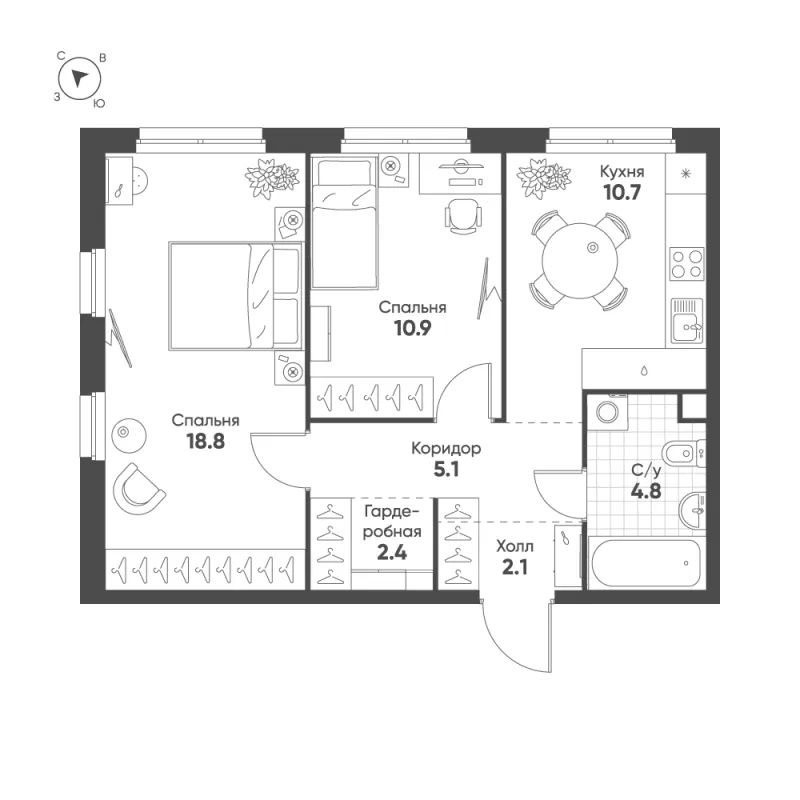 2-комн. 54.8 м²