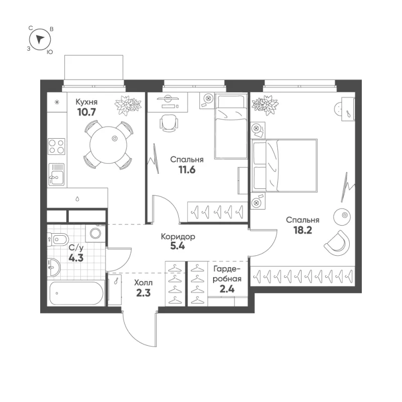 2-комн. 54.9 м²