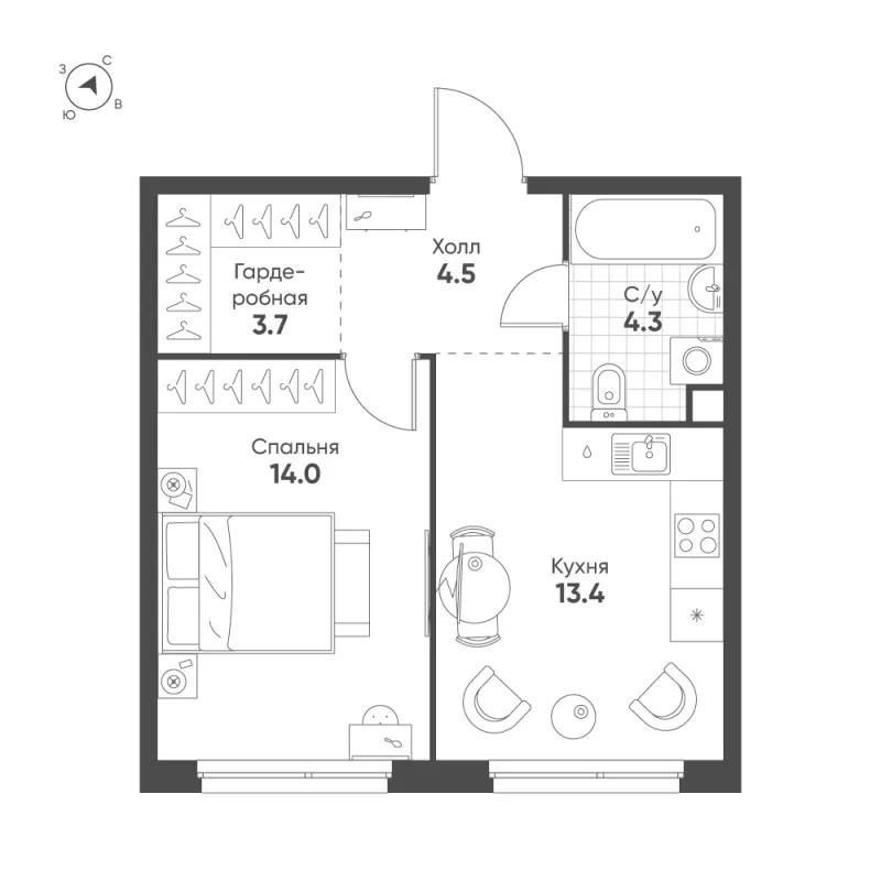 1-комн. 39.9 м²
