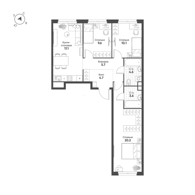 3-комн. 75.6 м²