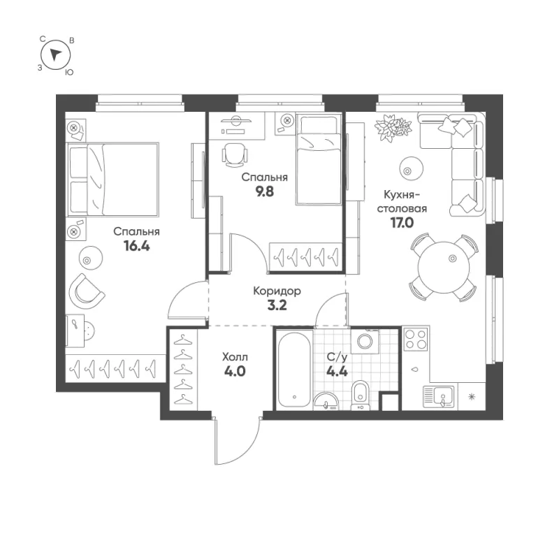2-комн. 54.8 м²