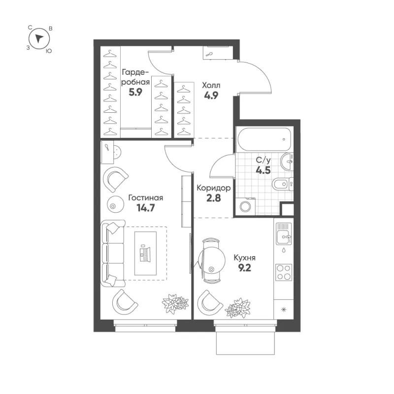 1-комн. 42 м²