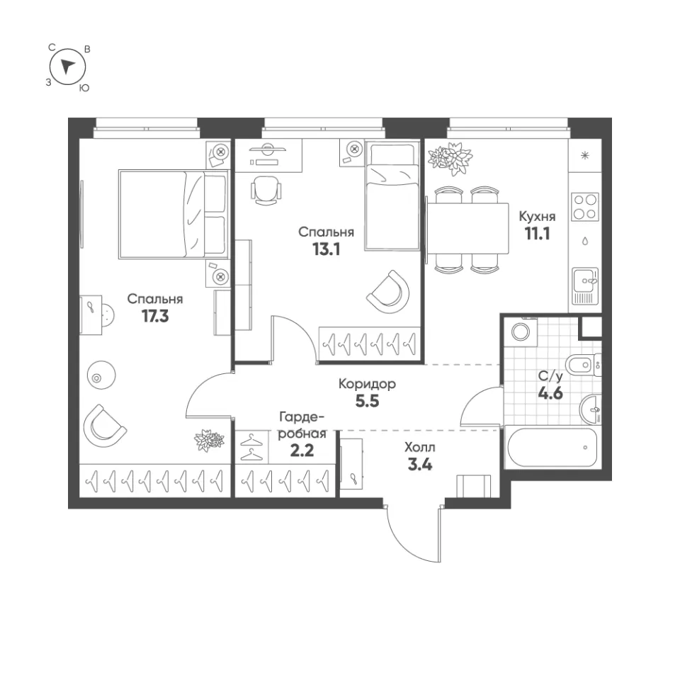 2-комн. 57,2 м²