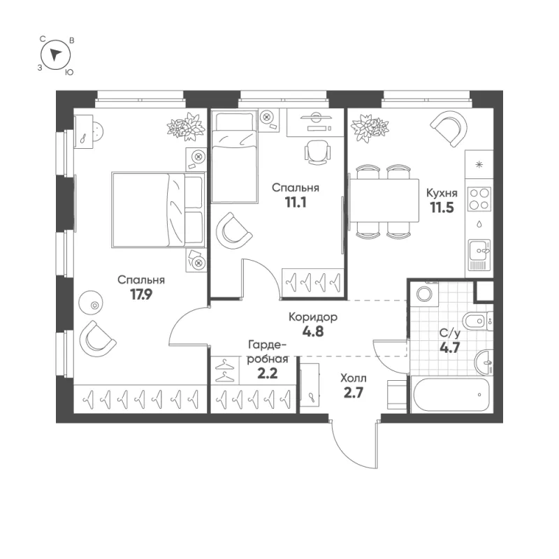 2-комн. 54.9 м²