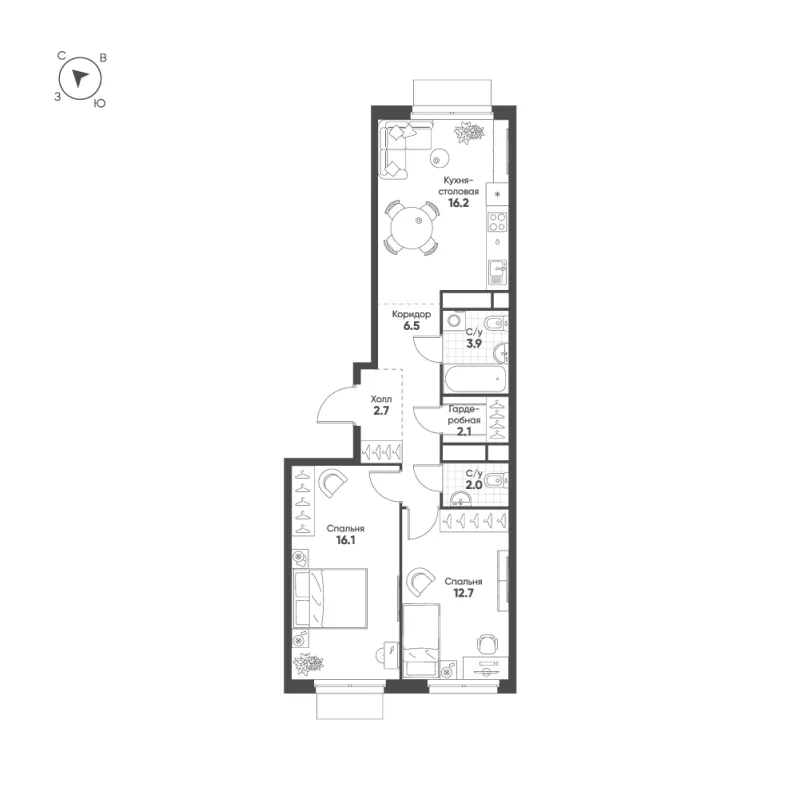 2-комн. 62.2 м²