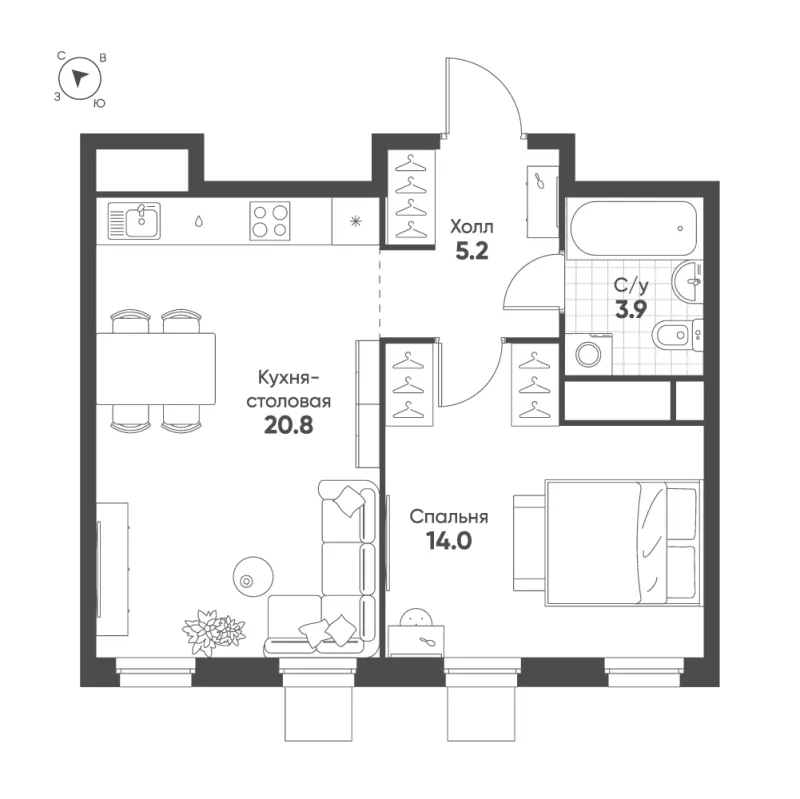 1-комн. 43.9 м²