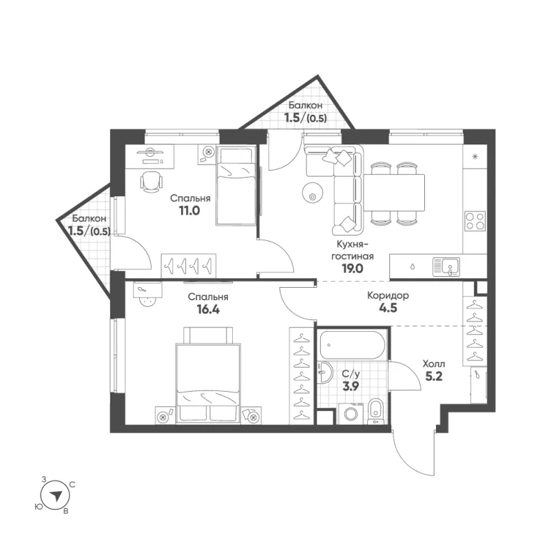 2-комн. 61 м²