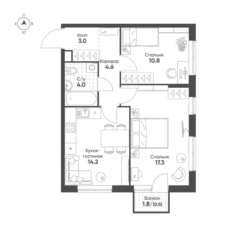 2-комн. 54.4 м²