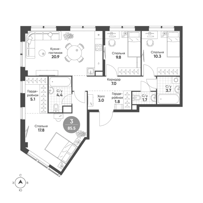 3-комн. 85.5 м²