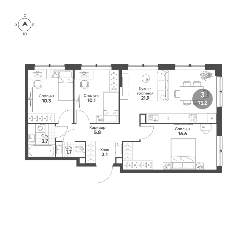 3-комн. 73,2 м²
