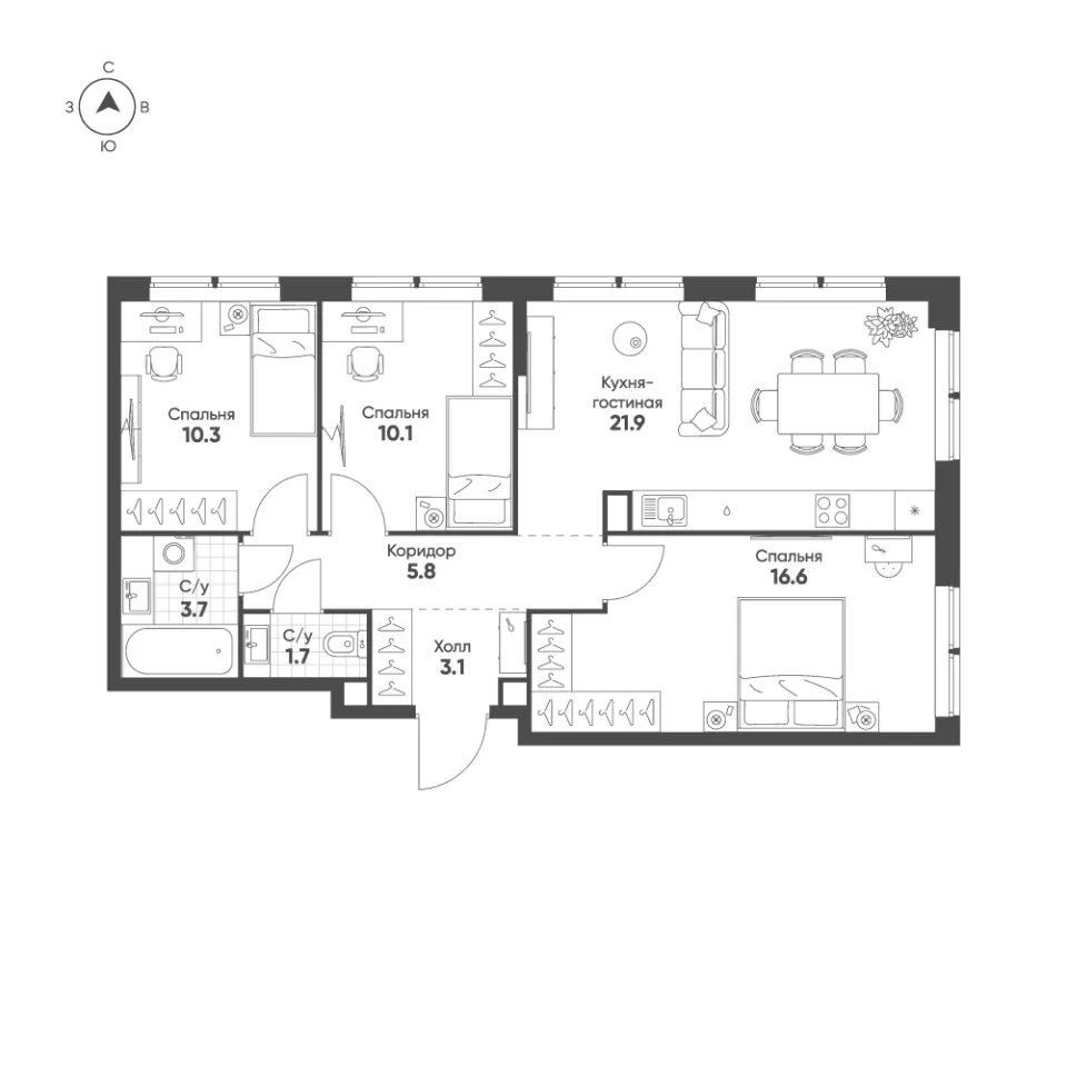 3-комн. 73,2 м²