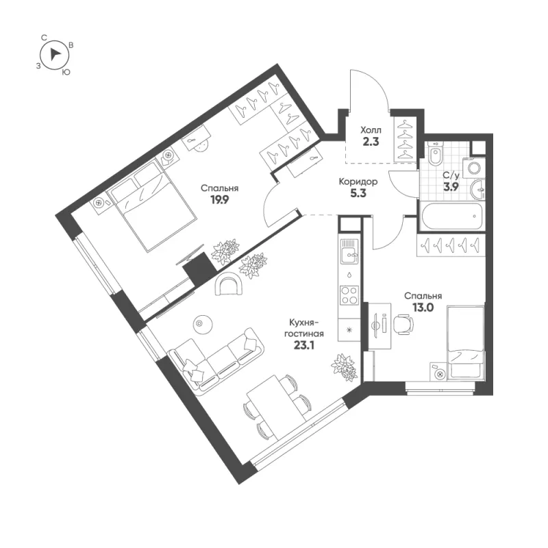 2-комн. 67.5 м²