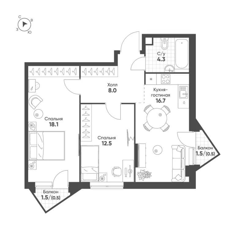 2-комн. 60.6 м²