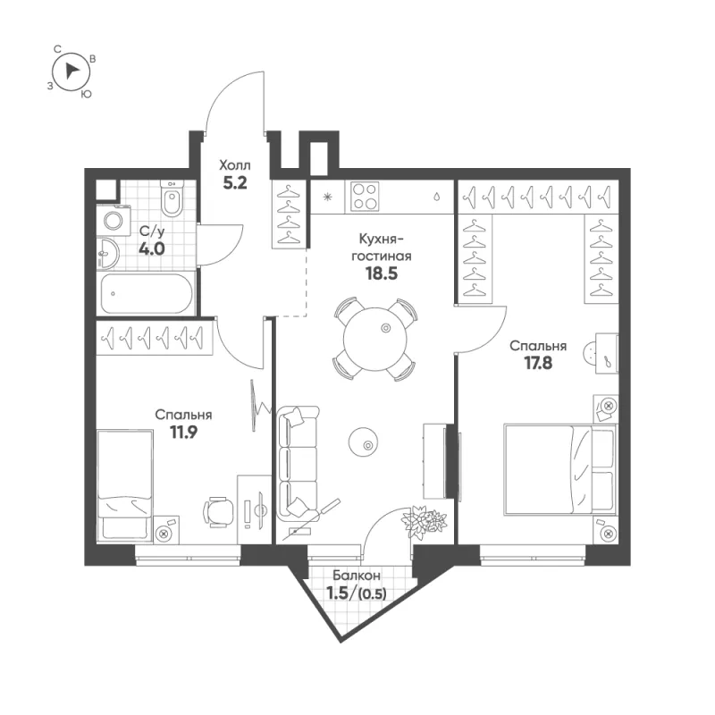 2-комн. 57.9 м²
