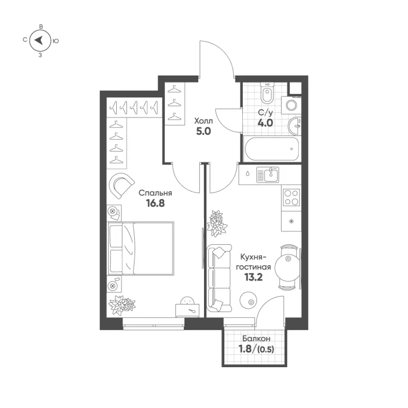 1-комн. 39.5 м²