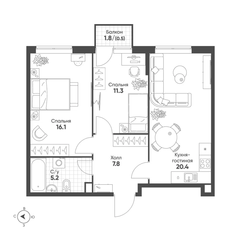 2-комн. 61.3 м²