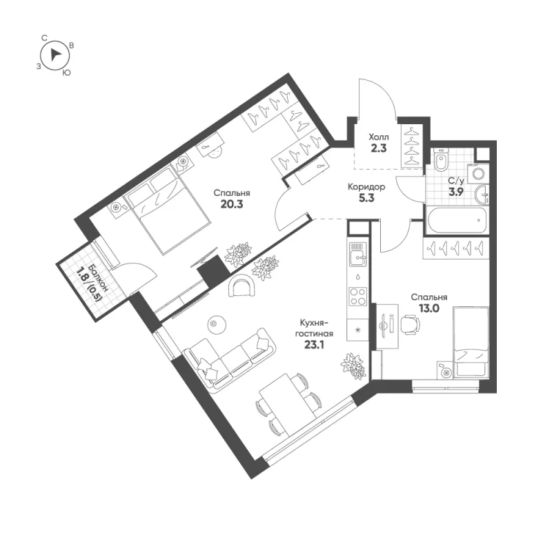2-комн. 68.4 м²