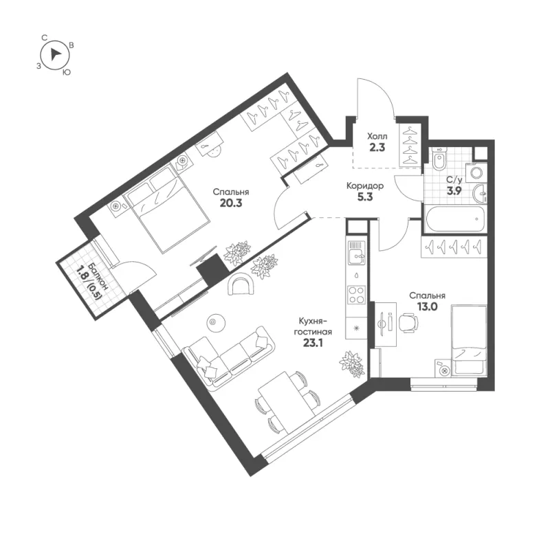 2-комн. 68.4 м²