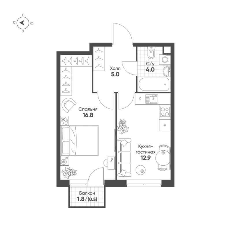 1-комн. 39.5 м²